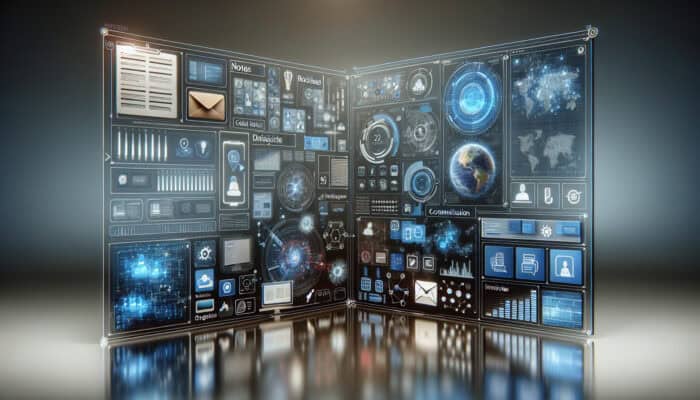 Note-taking Tools for Organized Human Virtual Assistants: A futuristic digital interface with holographic icons, organized notes, and seamless device connectivity for remote work collaboration.