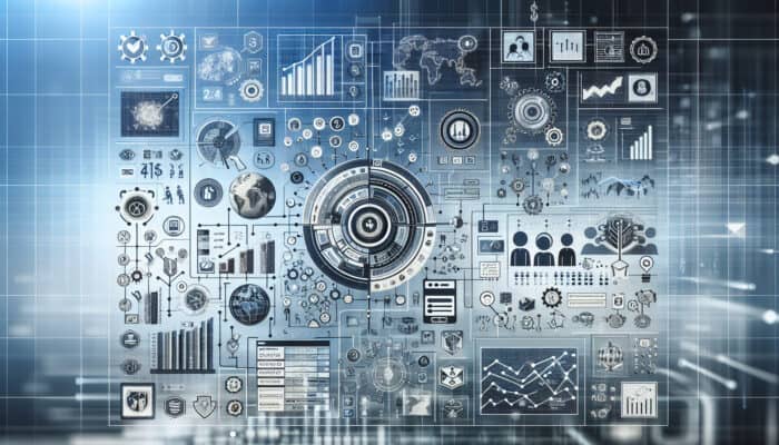 Tech Company Research Assisted by Human VAs: Infographic showing tech company research elements: financial performance, products, market trends, with icons and graphs on a tech-themed background.