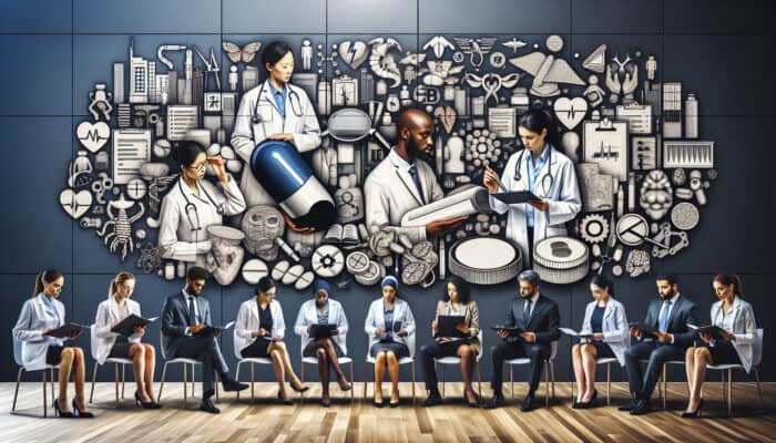 Regulatory Changes Affecting Human VAs: Professionals analyzing regulatory changes in healthcare and pharmaceuticals in a conference room.