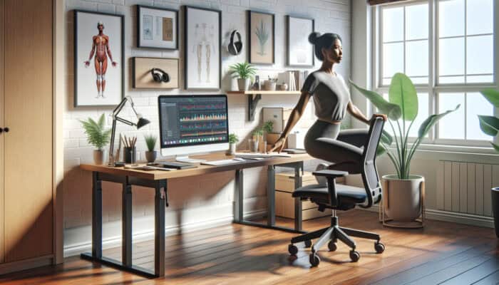 Wellness Support in Remote Human Virtual Assistant Roles: A remote worker doing stretches at a home office desk with ergonomic equipment and a bright workspace.