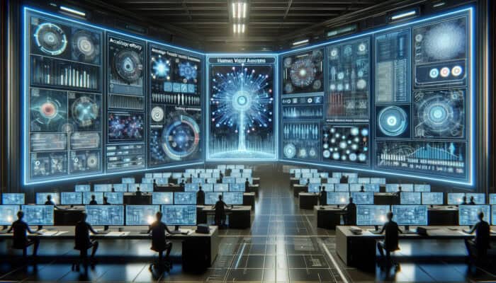 Performance Metrics for Worldwide Human Virtual Assistants: Futuristic control room with holographic screens showing HVA accuracy and efficiency data, operators monitoring performance.