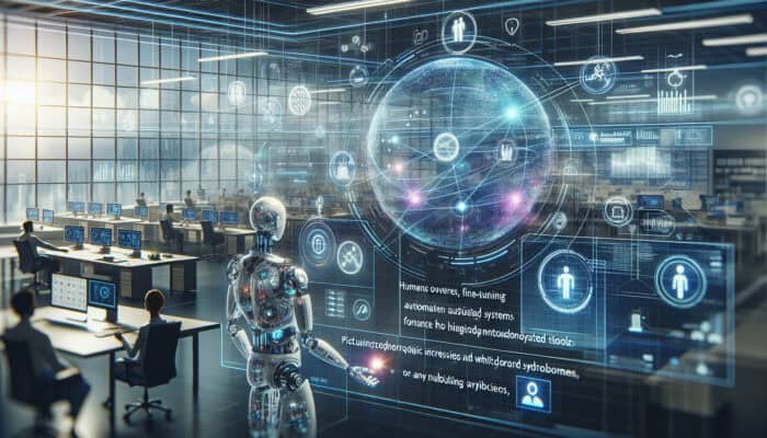 Routine Automation Through Human VAs: A futuristic office with humans and robots collaborating, enhancing efficiency through interconnected technology.