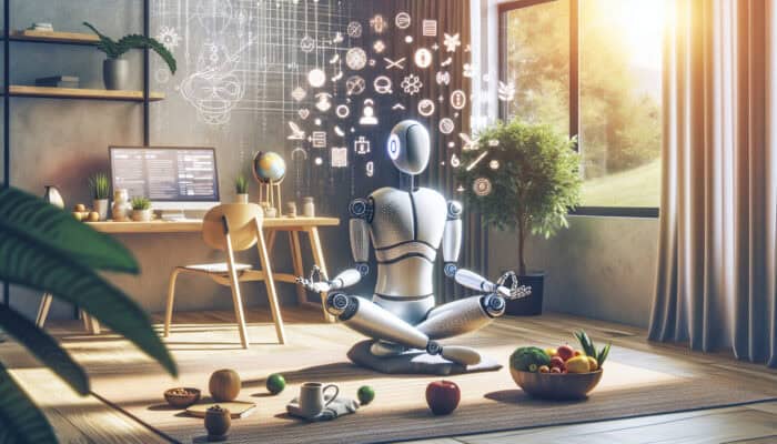 Wellness Programs for Ethical Human Virtual Assistance: A virtual assistant practicing yoga, meditating, and eating healthily in a serene home office with nature and digital health apps.