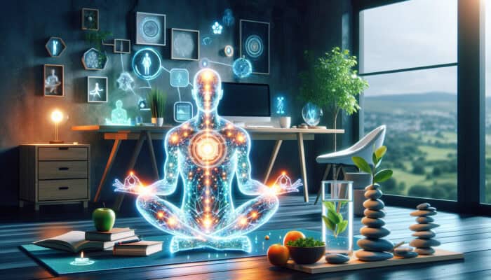 A vibrant virtual assistant engaging in yoga and meditation in a serene home office, surrounded by health symbols.