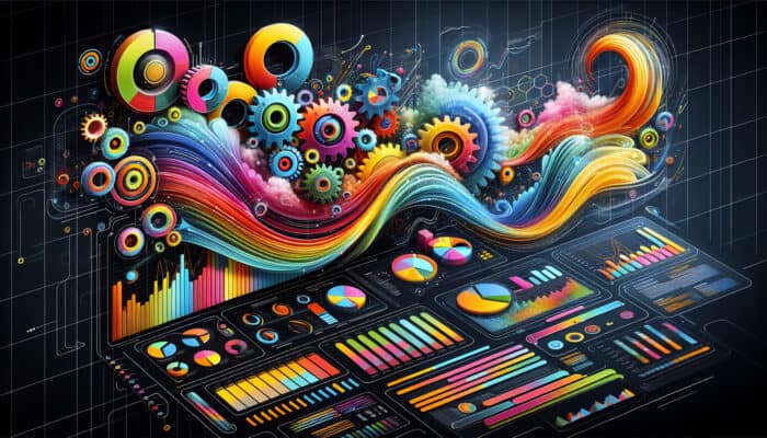 Efficiency Metrics Improved by Human Virtual Assistants: A dashboard with graphs and metrics, gears and lines symbolizing streamlined workflows and efficiency.