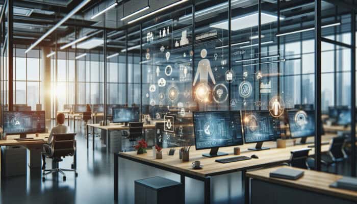 Modern office with digital screens showing increased productivity and efficiency due to virtual assistants.