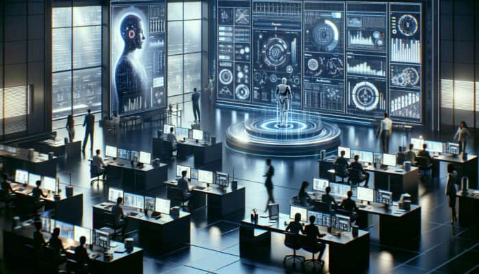 A futuristic office where virtual assistants manage schedules and emails, boosting efficiency and productivity.