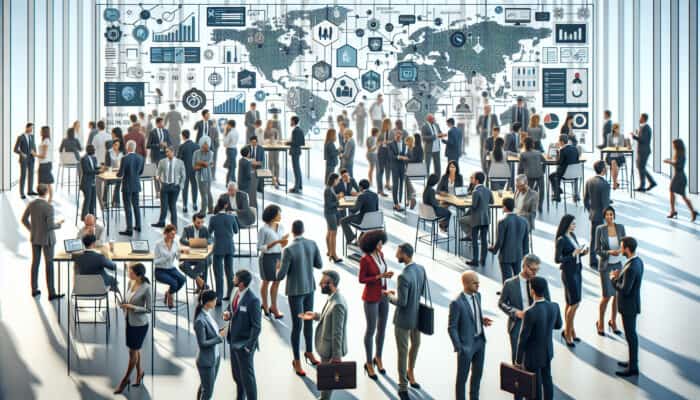 Networking Events for Human VA Business Growth: A bustling networking event with professionals exchanging ideas and forging connections.
