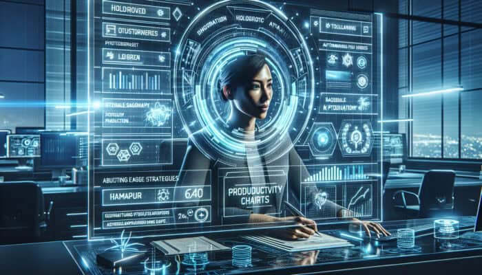 Advanced Productivity Hacks for Human Virtual Assistants: A determined professional in a futuristic workspace, using holographic planners and AI assistants for advanced productivity hacks.
