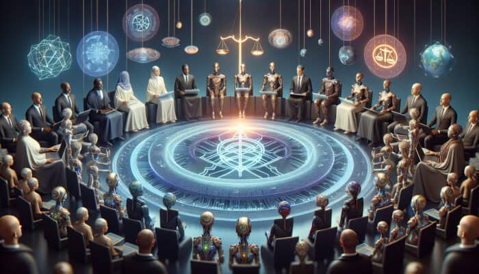 Diverse global leaders and AI robots collaborate around a glowing ethical code scroll with privacy shields, balanced scales, and neural networks, symbolizing innovation and equity.