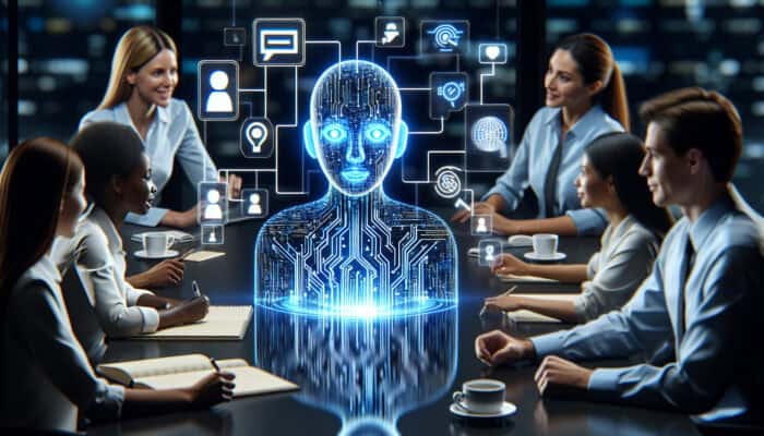 A holographic virtual assistant with glowing blue circuitry and empathetic expressions engages diverse users in a modern office via speech bubbles and learning icons.