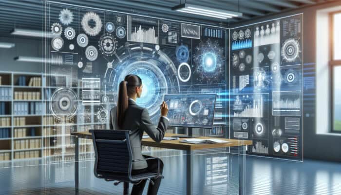 A professional virtual assistant in a modern office analyzes CRM data on a high-tech screen during a video call, surrounded by digital charts showing streamlined workflows and business growth.