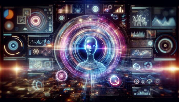 A futuristic digital command center with a holographic virtual assistant analyzing swirling data streams, vibrant graphs, and trend charts.