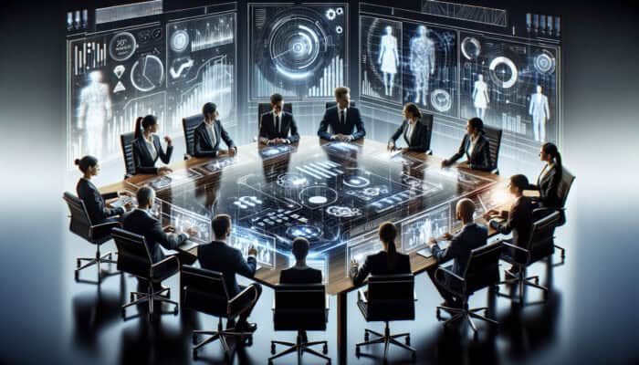 Merger Preparation with Human Virtual Assistant Support: Diverse executives in a boardroom analyze merger plans on digital screens, with holographic virtual assistants compiling documents and coordinating schedules.