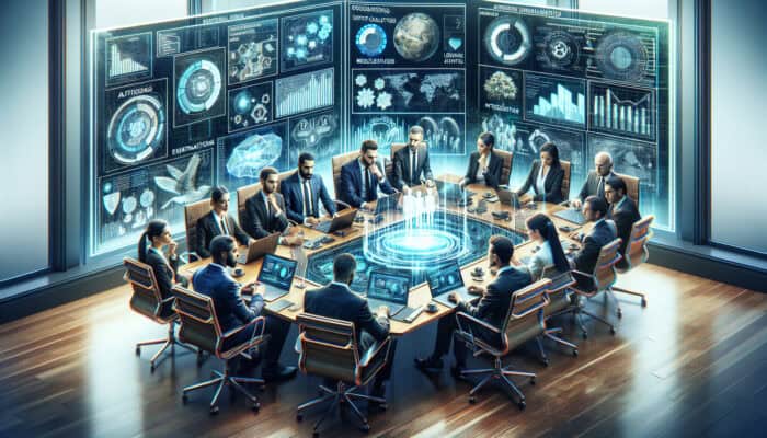 Business executives in a boardroom analyze holographic merger risks, with a virtual assistant projecting scenario simulations and alerts on charts.