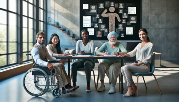 Diverse professionals from various ethnicities, ages, and abilities collaborate in a modern office with ramps, diverse resumes, and an equality banner.