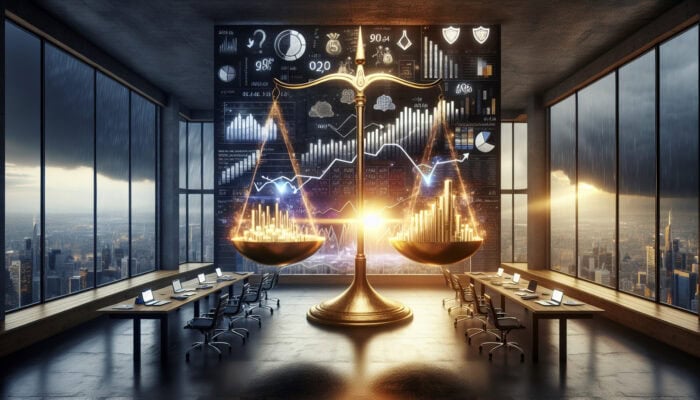 A golden scale balances ascending stock charts and protective shields in a modern trading room with glowing digital screens under a stormy sky.