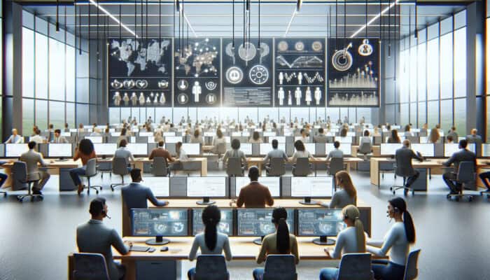 Agents in a bustling support center use Zendesk to manage real-time chats, ticket queues, and knowledge bases, ensuring efficient customer satisfaction.