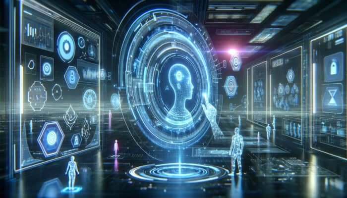 Futuristic holographic virtual assistant evolving in a secure digital landscape with glowing data shields, intuitive interfaces, and trusting users.