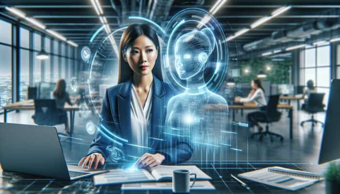 A focused business executive in a modern London office, with a virtual assistant managing schedules on a laptop, symbolizing efficiency.