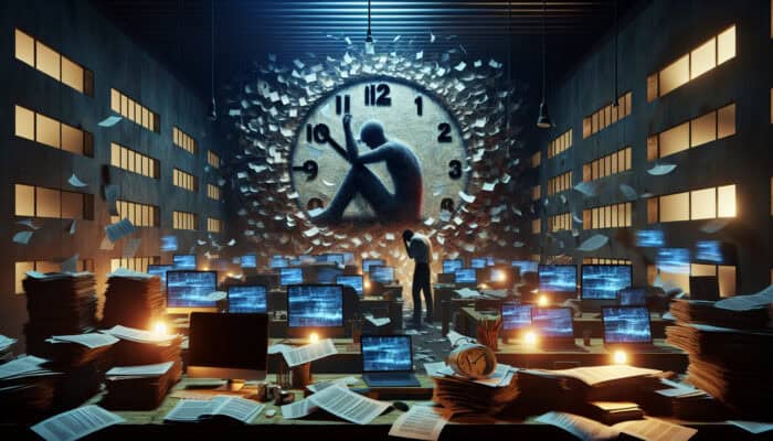Weary individual submerged in chaotic workspace with overflowing paperwork, buzzing screens, and spinning clocks, symbolizing burnout triggers.