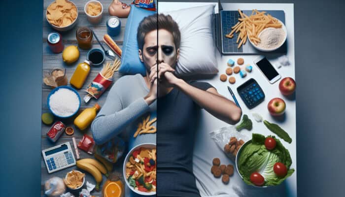 Split image: Weary person amid junk food, clutter, and sleeplessness versus thriving with fresh meals, sleep, and exercise, symbolizing burnout resilience.
