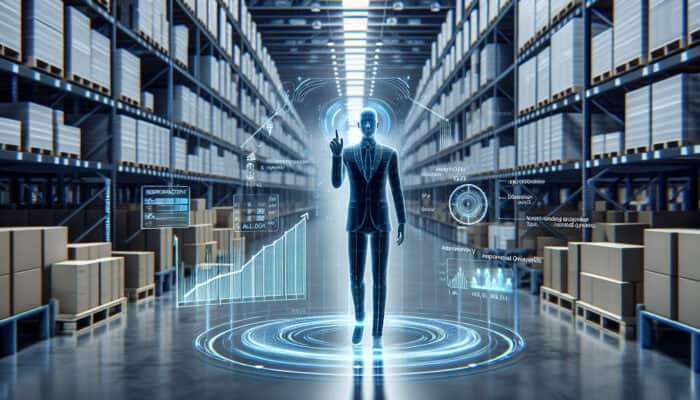A holographic AI assistant in a modern warehouse scans inventory on digital screens, showing a 30% discrepancy reduction among organized shelves.