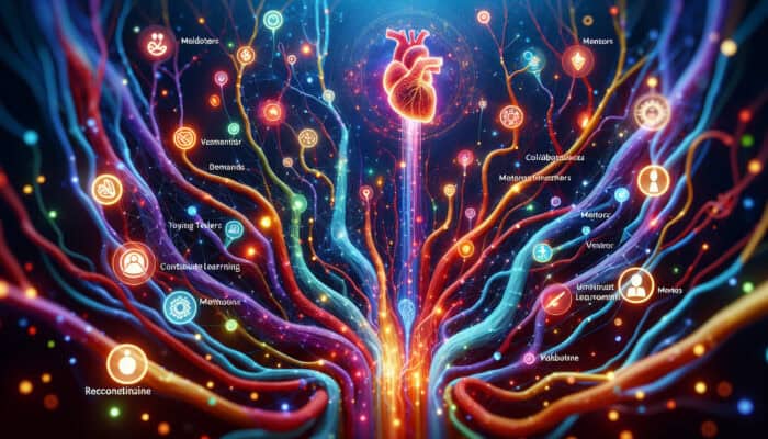 Glowing human vascular system illustration symbolizing innovation: intertwined vessels for collaboration, nodes for tools and mentors, glowing paths for learning.