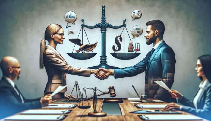 Boardroom scene: Diverse negotiators shaking hands over a contract, with scales, speech bubbles, and a bridge symbolizing fairness and collaboration.
