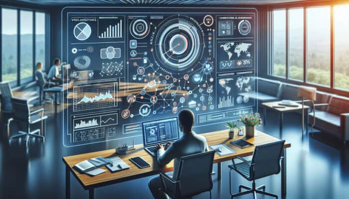 Affiliate Marketing Software for Human Virtual Assistants: A virtual assistant in a modern office views affiliate marketing software on a laptop, showing real-time tracking, dashboards, and growth graphs.