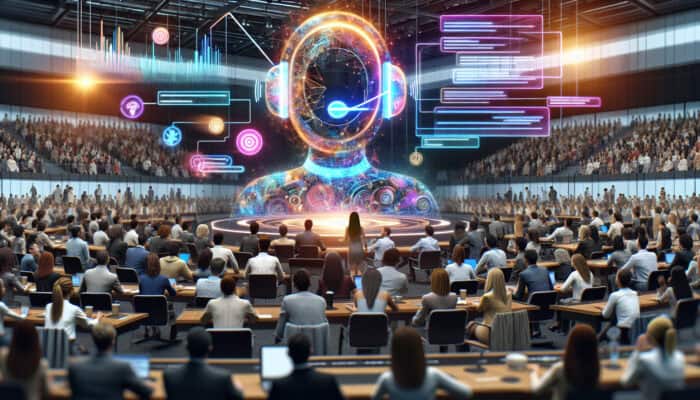 Event Coordination Wins with Human Virtual Assistants: A holographic virtual assistant in a busy conference hall displays speaker alternatives on screens, as attendees smile and adapt positively.