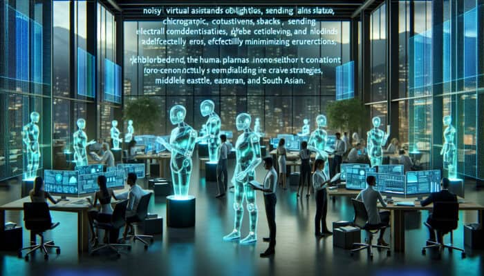A bustling event planning office with holographic virtual assistants glowing in blue and green, automating tasks while human planners focus on strategies.