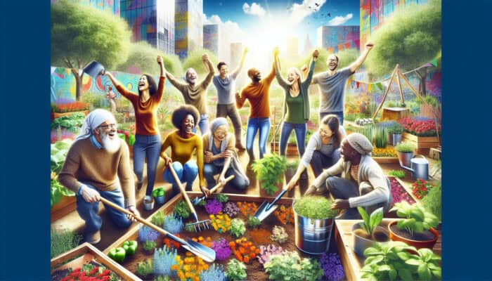 Community Building Among Global Human VAs: Diverse people of all ages in a vibrant urban garden, planting flowers and vegetables while sharing tools and laughing under a sunny sky.