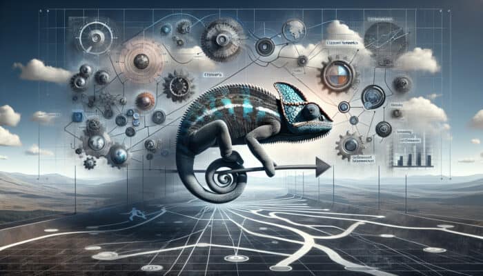 Client Acquisition Methods for New Human VAs: A chameleon-like figure adapts in a shifting market landscape, surrounded by clear pathways, client networks, and evolving gears, symbolizing business strategy success.