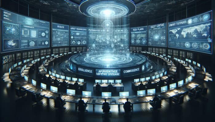 Crisis Management Protocols for Human Virtual Assistants: Holographic virtual assistant in high-tech command center, surrounded by screens showing crisis plans, assessments, and communication networks.