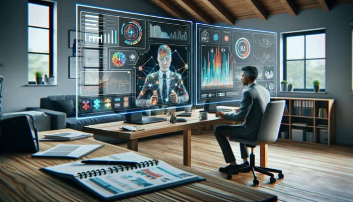 Consulting Human Virtual Assistants for Client Research: Focused virtual assistant analyzes colorful data charts on dual monitors during video call, surrounded by planners and books.