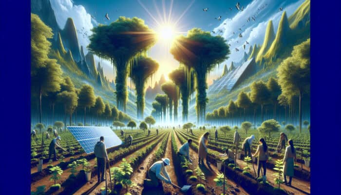 Sustainable Practices for Long-Term Human VA Careers: Diverse people collaborating in a lush green forest, planting trees and using solar panels to promote sustainable practices and inclusivity.