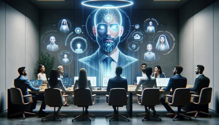 Leadership in Remote Human VA Management: Visionary leader in a modern home office inspires diverse remote team via holographic video call, with digital tools and motivational symbols in the background.