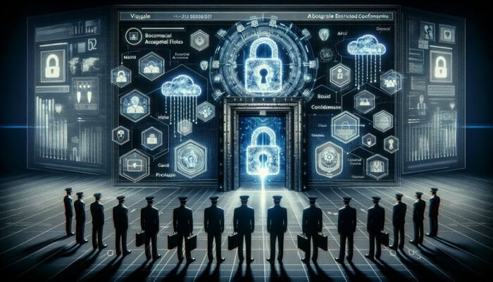 Data Security in Global Human VA Operations: A futuristic digital fortress with glowing encrypted locks on holographic files, biometric gates, shadowed masked documents, and shielded cloud backups.