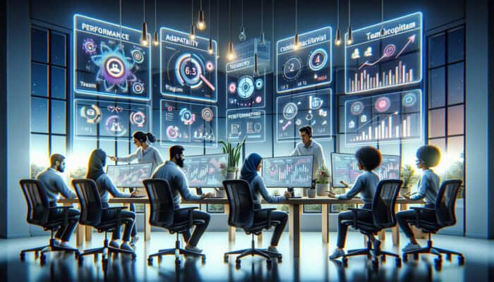 Performance Evaluation in Remote Human VA Settings: Remote virtual assistants in ergonomic home offices analyze performance metrics on screens, surrounded by communication tools and feedback charts.