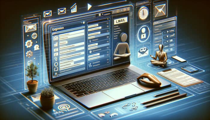 Effective Email Protocols for Human VA Interactions: Modern laptop displaying structured email: bold subject, bullet points, lists, polite closing, with virtual assistant avatar and communication icons.