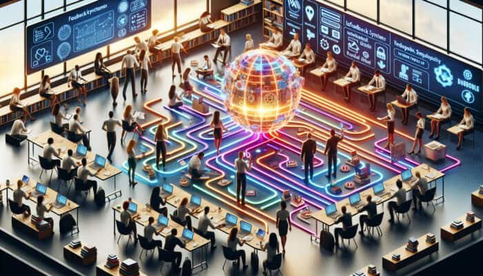 Training Programs for Human VA Staff: Diverse VA staff in a vibrant classroom navigating glowing digital paths, surrounded by books, tools, and interactive feedback sessions.