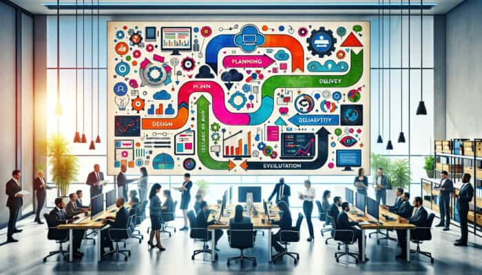 A vibrant flowchart depicting training program steps: planning, design, delivery, and evaluation, with a diverse team collaborating in a modern office.