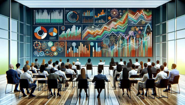 Diverse VA staff in a modern conference room during interactive training, viewing graphs of participation rates and rising engagement metrics on a digital screen.