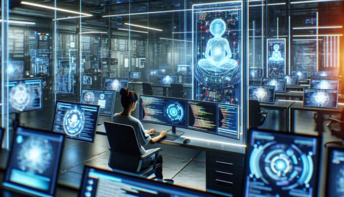 Automation Scripts for Human Virtual Assistant Tasks: A futuristic developer codes automation scripts on glowing screens in a high-tech lab, with holographic assistants managing emails and meetings.