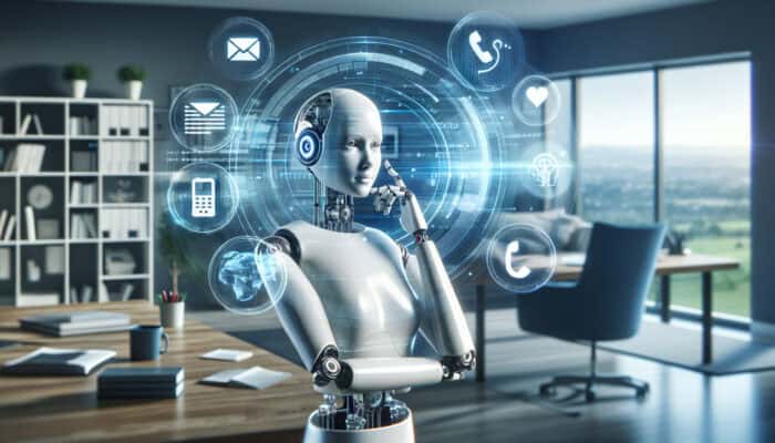 Identifying Human Virtual Assistants for Project Management: A poised virtual assistant in a modern home office, managing emails, phone calls, and tasks on multiple screens with confidence.