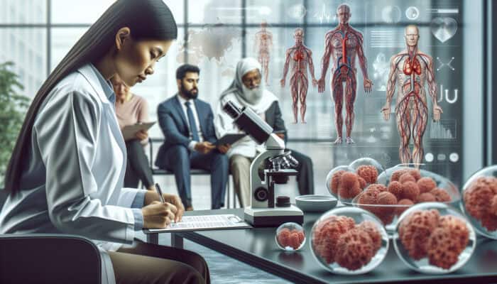 Advanced Research Techniques for Human Vas: A scientist in a modern lab examines human vascular models under a microscope while interviewing diverse participants.