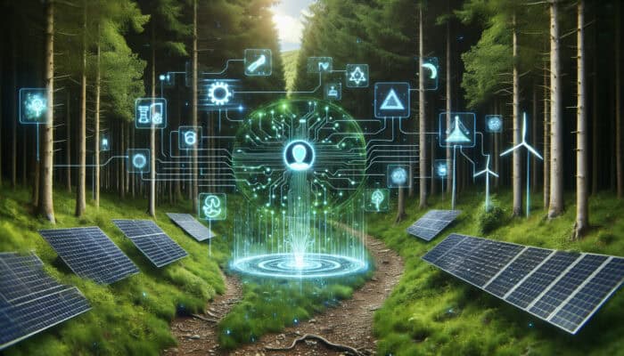 Eco-Friendly Virtual Assistant Practices: A holographic virtual assistant floats in a lush forest, surrounded by solar panels and wind turbines, displaying energy audit charts for sustainable AI.