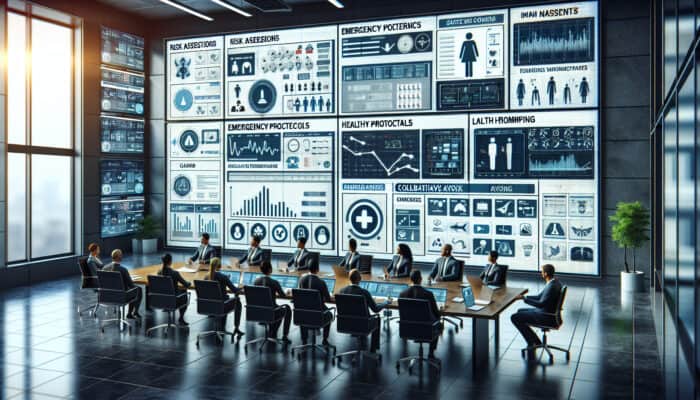 Health and Safety Standards for Human Virtual Assistants: Diverse professionals in a modern office safety training session, surrounded by screens showing risk assessments, emergency protocols, and health tools.