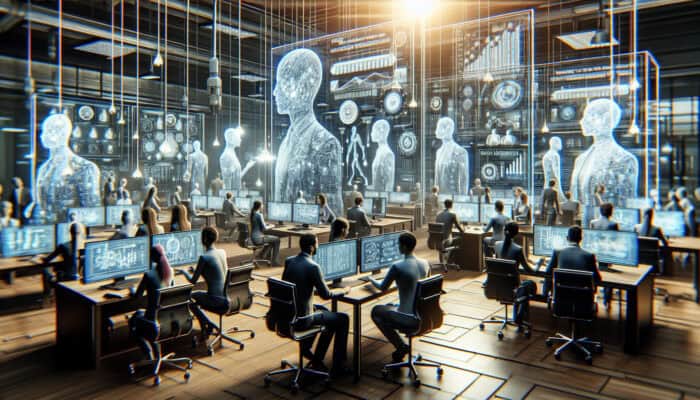 Legacy Building Through Scaled Human VA Teams: Diverse virtual assistants collaborating in a modern high-tech office, surrounded by holographic growth charts and innovative tools, symbolizing productivity and legacy.